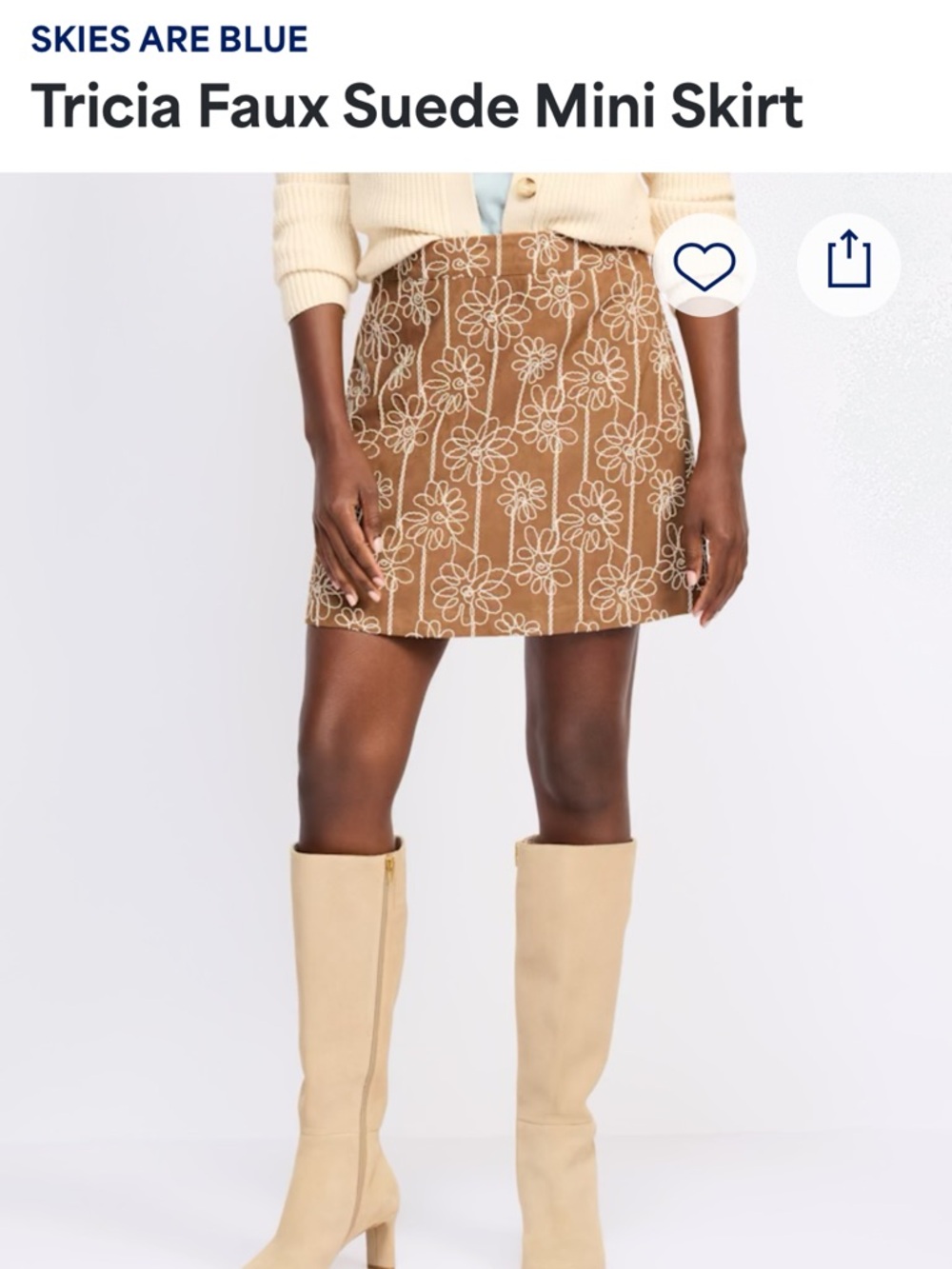 Skies Are Blue Brown Mini Skirt with Cream Floral Embroidery